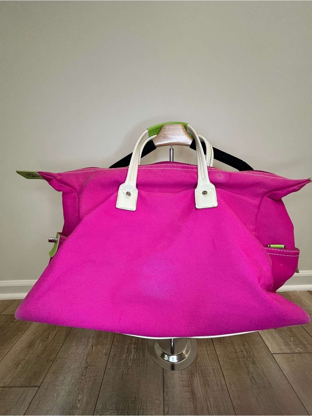 DVF Diane von Furstenberg Pink Lime Green Canvas Weekender Travel Duffel Bag - Picture 2 of 11